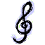 Three variations of a black treble clef symbol with purple and green pixel artifacts on white background, one partially obscured by gray rectangle.