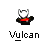 Pixelated character with white face, black ears, red chest, and dark clothing on gray background; text 'vulcan' below.
