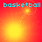 Pixelated cyan text "basketball" appears above four orange-red gradient backgrounds with yellow circular highlights and dotted lines in a