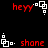 Red text 'heyy' and 'shane' with white pixelated square icons on black background, showing animation changes between frames.