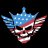 Pixelated skull with blue and red striped head covering, white teeth, black eye sockets, and wing-like extensions on sides.