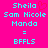 Pixelated cyan text on bright pink background with one red heart symbol, showing two identical side-by-side layouts of names and abbreviations.