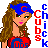 Pixelated cartoon-style icon of a woman with long brown hair wearing a blue headband with red C logo, red and blue top, black choker necklace, green eyes, pink lips, and visible chest area; vertical text "CHIC KUBS" in alternating red and blue letters to the right.