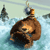 A pixelated brown bear with a yellow patch on its chest floats in blue water, wearing a small blue and white helmet with a brown strap.