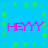 Blue background with green starburst patterns and four identical pink pixelated 'HEYY' text blocks arranged in a