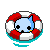 Pixel art animation of a blue cat-like character inside a red-and-white life preserver with turquoise water effects, shown across three frames in a contact sheet layout.