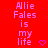 Red background with pink pixelated text reading 'Allie Fales is my life' and a small purple heart symbol on the right side.