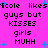 Pixelated text on a bright pink background with blue starbursts, repeating 'nicole likes guys but KISSES girls MUHH' in two