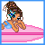 Pixel art animation of a girl surfing on a pink board with text labels below the frames.