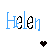 Two side-by-side pixelated text displays of 'Helen' with blue and black lettering, each paired with a heart symbol below.