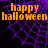 Pixelated orange text 'happy halloween' on purple spiderweb background with black and gray sections.