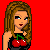 Pixelated character with long brown hair wearing a black top with red cherries, standing against a solid red background.