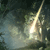 A pixelated image shows a bright light source with a vertical beam extending upward, surrounded by a hazy, muted background of green and blue tones.
