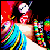 Pixelated anime-style character with long dark hair and red-and-white striped top, holding a rainbow-colored object against red background.