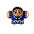 Pixelated character in blue and white striped outfit with orange arm rings, standing against gray background.