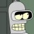 Pixelated robot head with large black eyes and a grid-patterned mouth, set against a muted green background.