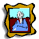 Pixelated cartoon figure in blue shirt and red pants inside golden frame with black outline, light blue background, gray backdrop.