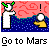 Pixelated character with green hair points left above blue water, while a yellow object with a white sphere floats right under a pink sky with red swirls and an exclamation mark.