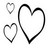 Three pixelated heart outlines in varying sizes and grayscale tones on a white background, arranged with one small top-left, one medium bottom-left, and one large right-side heart.