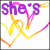 Animated icon with purple text and colorful heart outlines; text changes from "she's" to "family" then "duhh" across frames.