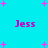 Cyan background with pink plus signs and four instances of the text 'Jess' in purple pixelated font.