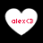 Four white heart-shaped icons with red text 'alex<3' on black background, each displaying slight variations in pixelation and edge sharpness.