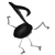 Pixelated black musical note with stick-figure limbs running on white background.