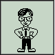 Pixelated cartoon man in glasses and tie performs a sequence of gestures with money bags against light green background.