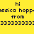Yellow background with black pixelated text reading 'hi', 'jessica hopper', 'from', and repeated '3's, with pink rectangular overlays shifting between frames.