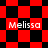 Red and black checkered pattern with four instances of the text 'Melissa' in white pixelated font across different sections.