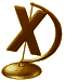 Animated bronze-colored X-shaped object on a curved stand with circular base, rotating through three distinct poses against white background.
