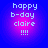 Pixelated text 'happy b-day claire !!!!' on a blue-to-purple gradient background with a central pink glow.
