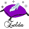 Four identical pixelated images of a purple cushion with a glass slipper, each labeled 'Felda' in black script below.