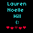 Pixelated cyan text 'Lauren Noelle Hill' above a cyan smiley face and red heart symbols on black background.