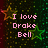 Pixelated text displays 'I love Drake Bell' on left and 'Drake Loves Me' on right, with star shapes and a dark green pixelated background.