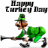 Pixelated image of a character in green attire holding a staff with text above reading 'Happy Turkey Day' on white background.
