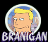 Pixelated cartoon head with blonde hair in circular frame, blue background, and 'BRANIGAN' text below.