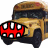 Yellow school bus with red bat symbol mouth, white teeth, and black eyes, displaying partial text above.