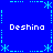 Blue background with four white "Deshina" text blocks and cyan pixelated star-and-dash border elements arranged in a pattern