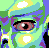 Pixelated eye with black eyelashes and pinkish-red iris against a colorful abstract background of green, blue, yellow, and purple shapes.