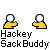 identical yellow cartoon figures with white heads, each holding a small green object in their right hand, positioned above text reading 'Hackey Sack Buddy' on gray background