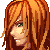 Pixel art portrait of a person with long orange-brown hair, side profile, neutral expression, light skin, visible teeth, green eyes, and a dark top.