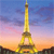 Pixelated image of a tall metal tower against a gradient sky transitioning from blue to pink to orange, with dark silhouettes at the base.