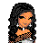 Pixelated cartoon-style icon of a woman with long black hair wearing an orange top and white collar, standing against gray background.