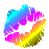 Pixelated circular icon with rainbow gradient colors transitioning from cyan to purple to pink to orange to yellow, forming a ring around a gray center.