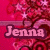 Pixelated pink and red background with star shapes, featuring the name 'Jenna' in stylized light pink text on a dark purple banner.