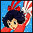 Pixelated anime-style character with dark blue hair and red clothing against a blue background with red and white striped elements.