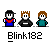 Pixel art animation of three figures with a blue and red banner displaying 'Blink 182' text, showing sequential changes in the banner's shape and position.