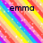 A static image with diagonal rainbow stripes and scattered white dots, featuring three text elements: 'emma' at top-left, 'rules' at top-right, and 'x3' at bottom-left.