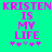 Pixelated text on a bright green background with pink and purple accents, featuring repeated phrases and star symbols.